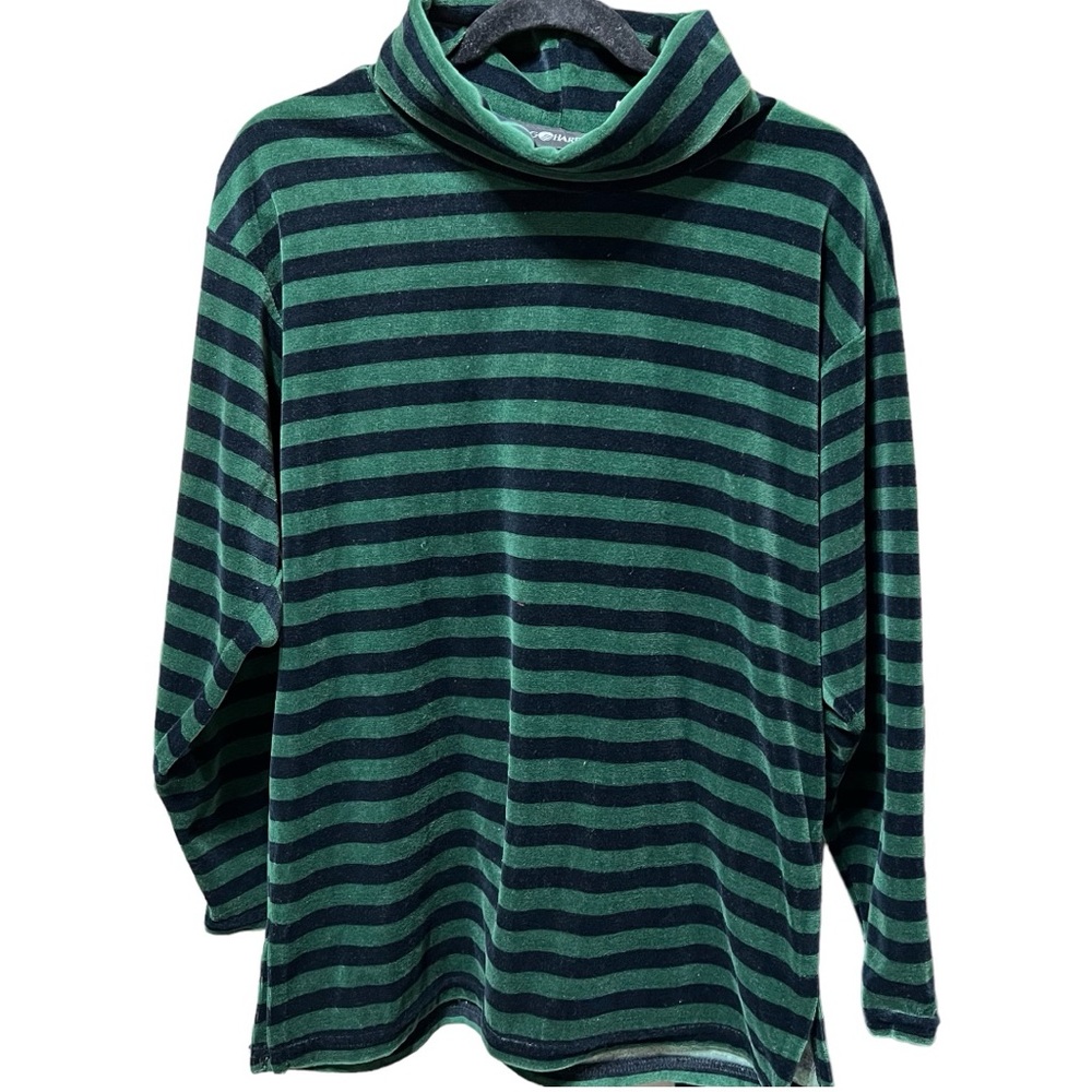 VINTAGE SAG HARBOR Velvet Green Black Turtle Cowl Neck Shirt Size Small